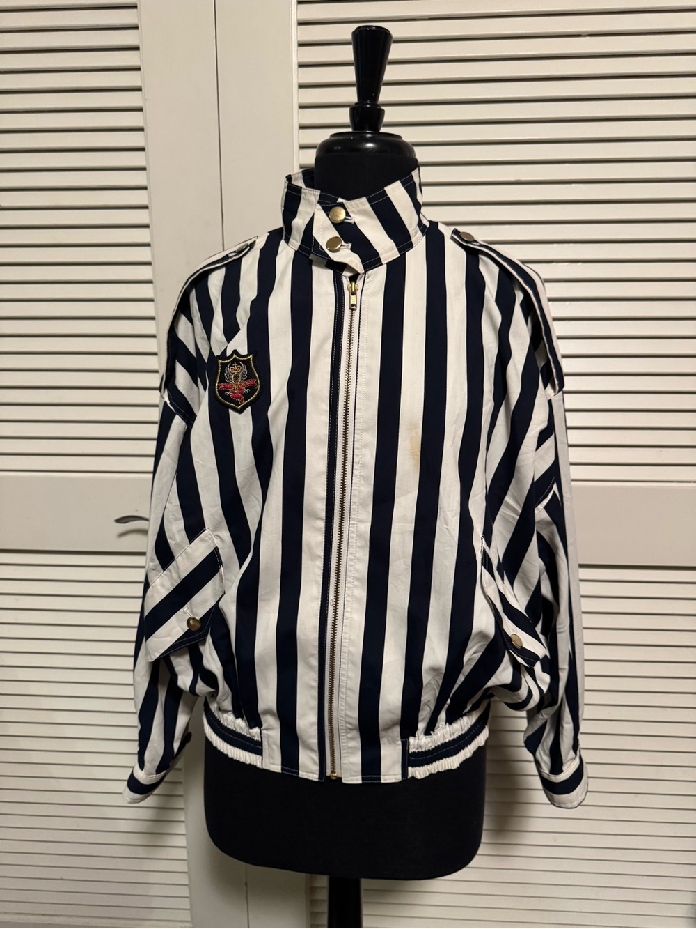 Navy & White Striped Women’s Jacket with Crest Detail
